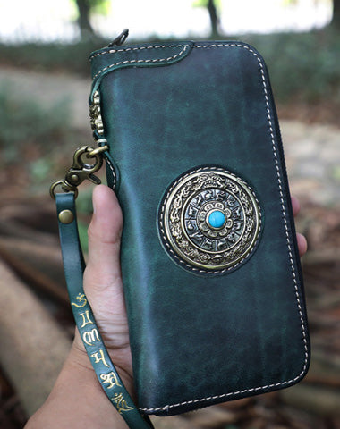 Handmade Green Leather Tibetan Totem Long Wallet Cool Zipper Clutch Wristlet Wallet for Men