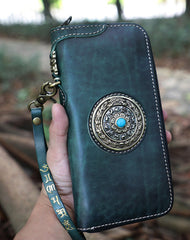 Handmade Green Leather Tibetan Totem Long Wallet Cool Zipper Clutch Wristlet Wallet for Men