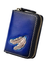 Around Zip Blue Tooled Leather Card Wallet Mens Feather Zipper Card Holder for Men