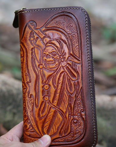 Leather Skull Tooled Mens Handmade Long Wallet Cool Death Zip Leather Wallet Clutch Wallet for Men