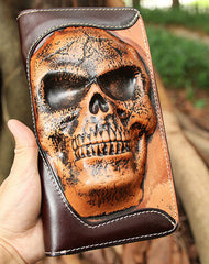 Handmade Coffee Leather Tooled Relief Skull Long Wallet Cool Skull Zipper Clutch Wristlet Wallet for Men