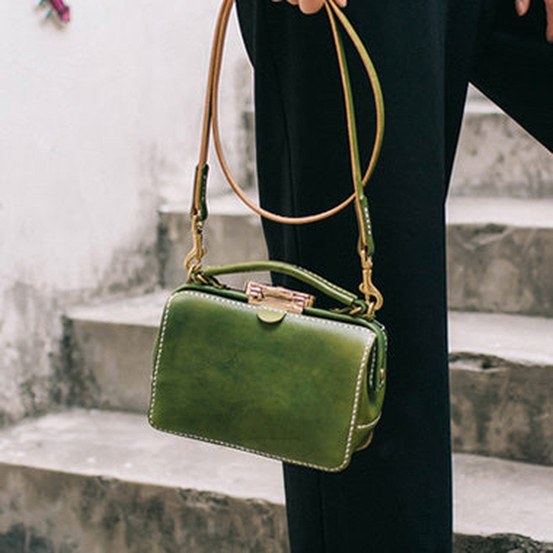 Handmade Womens Green Leather Doctor Handbag Purse Small Side Bag Doctor Bags for Women