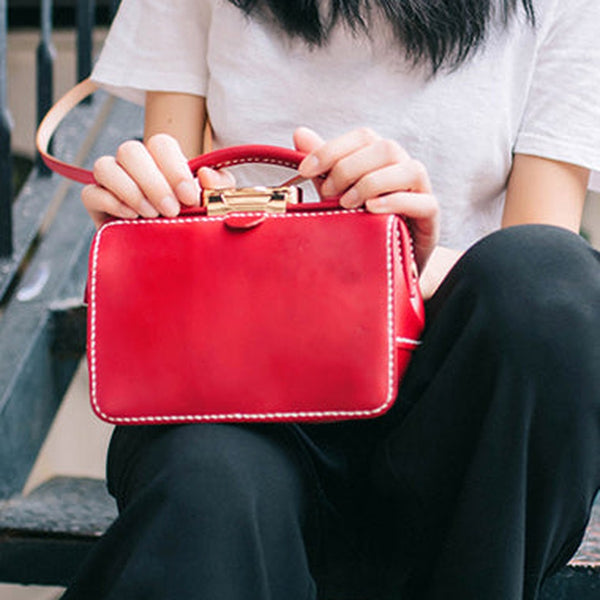 Handmade Womens Red Leather Doctor Handbag Purse Small Side Bag Doctor Bags for Women