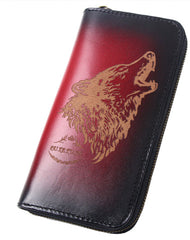 Around Zip Red Leather Long Wallet Mens Wolf Zipper Clutch Wallet for Men