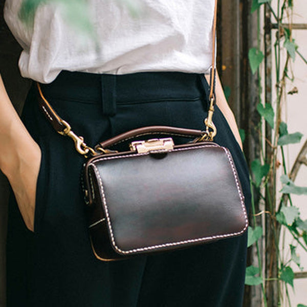 Handmade Womens Coffee Leather Doctor Handbag Purse Small Side Bag Doctor Bags for Women