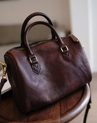 Coffee Leather Boston Handbag Trendy Women Boston Crossbody Purse for Women