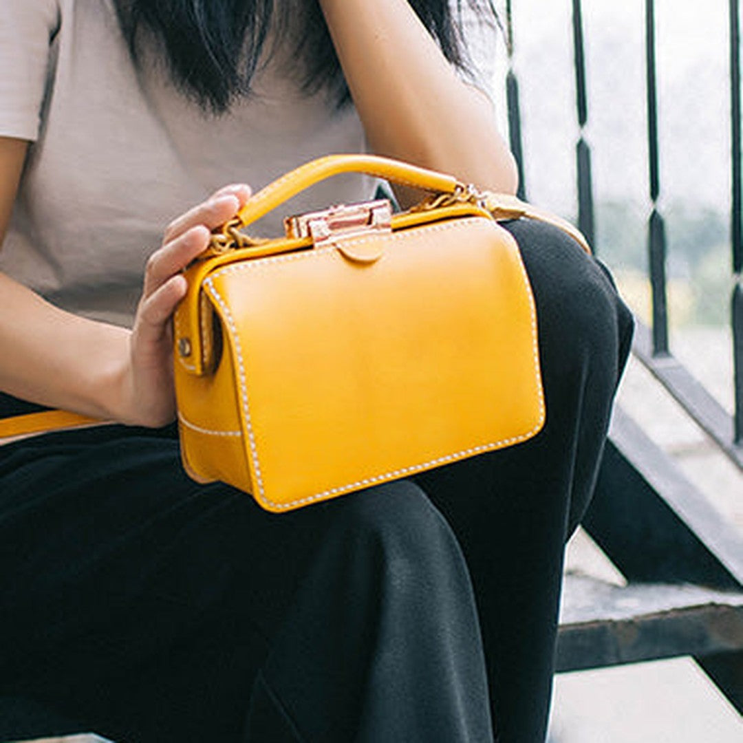 Handmade Womens Yellow Leather Doctor Handbag Purse Small Side Bag Doctor Bags for Women