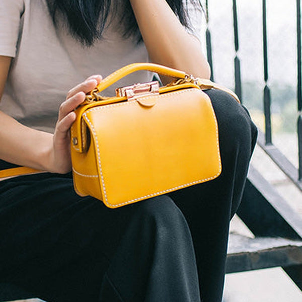 Handmade Womens Yellow Leather Doctor Handbag Purse Small Side Bag Doctor Bags for Women