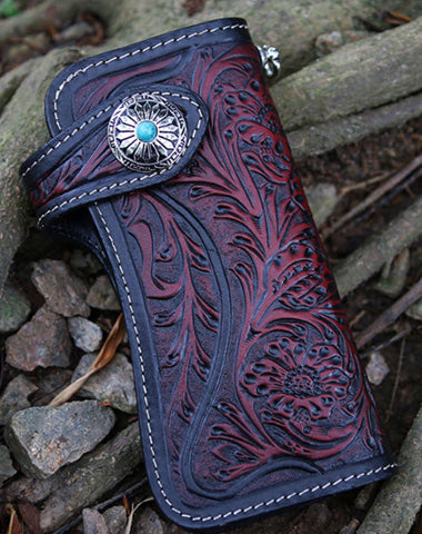 Handmade Tooled Red Leather Floral Biker Chain Wallet Mens Long Wallet with Chain for Men