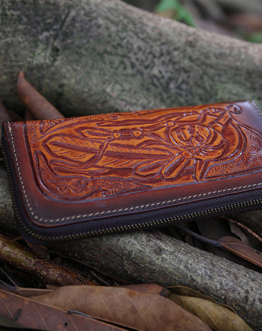 Leather Skull Tooled Mens Handmade Long Wallets Cool Death Zip Leather Wallet Clutch Wallet for Men