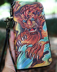 Leather Chinese Lion Tooled Mens Handmade Long Wallet Cool Leather Wallet Clutch Wallet for Men