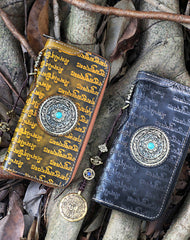 Handmade Leather Tibetan Scriptures Long Biker Wallet Tooled Zipper Clutch Wristlet Wallet for Men