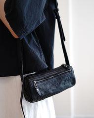 Black Leather Small Phone Shoulder Bag Vintage - Front View