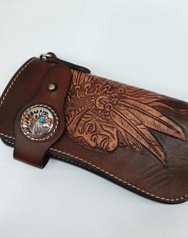 Coffee Leather Tooled Indian Chief Mens Biker Chain Wallet Handmade Leather Biker Wallet for Men