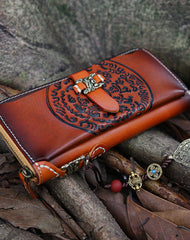 Handmade Leather Tooled Tibetan Totem Long Biker Wallet Cool Zipper Clutch Wristlet Wallet for Men