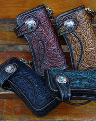 Handmade Tooled Leather Floral Biker Chain Wallet Mens Long Wallet with Chain for Men