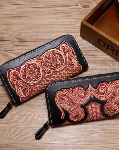 Cool Leather Floral Tooled Zipper Around Long Wallet Handmade Clutch Zipper Wallet for Men