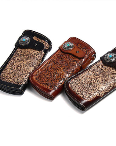 Cool Leather Tooled Dragon&Skull Biker Wallet Handmade Biker Chain Wallet for Men