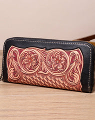 Handmade Leather Floral Tooled Zipper Around Long Wallet Cool Clutch Zipper Wallet for Men