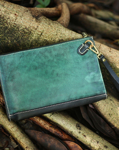 Handmade Green Leather Clutch Wristlet Bag Wallet Zipper Large Clutch Wristlet Wallet for Men