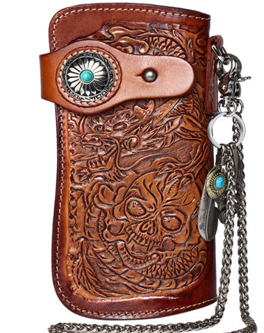 Cool Brown Leather Tooled Dragon&Skull Biker Wallet Handmade Biker Chain Wallet for Men