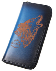 Around Zip Blue Leather Long Wallet Mens Wolf Zipper Clutch Wallet for Men