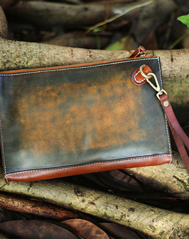 Handmade Tan Leather Clutch Wristlet Bag Wallet Zipper Large Clutch Wristlet Wallet for Men