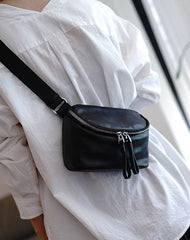 Vintage Womens Black Leather Small Small Sling Bag Chest Bag for Women