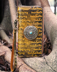 Handmade Tan Leather Tibetan Scriptures Long Wallet Tooled Zipper Clutch Wristlet Wallet for Men