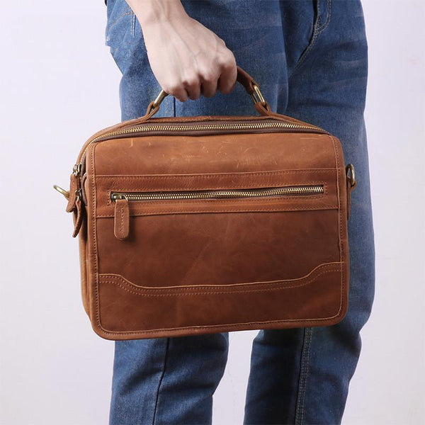 Small Brown Leather Briefcase Messenger Bag Work - Back View