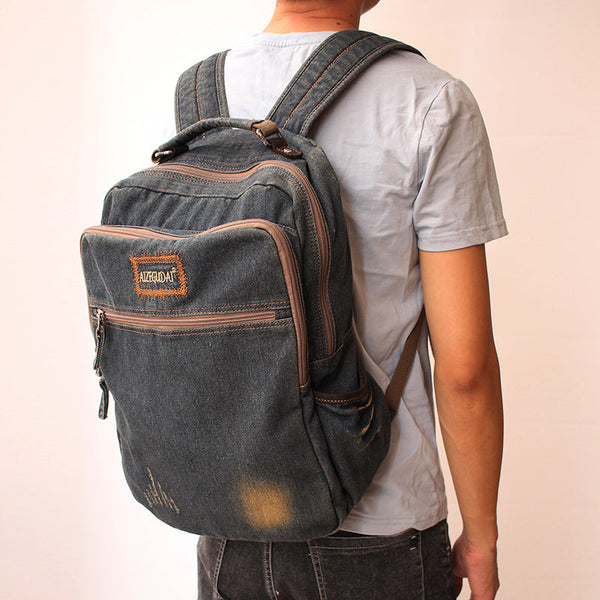 Vintage Denim Blue Mens Backpack School Backpack - Back View