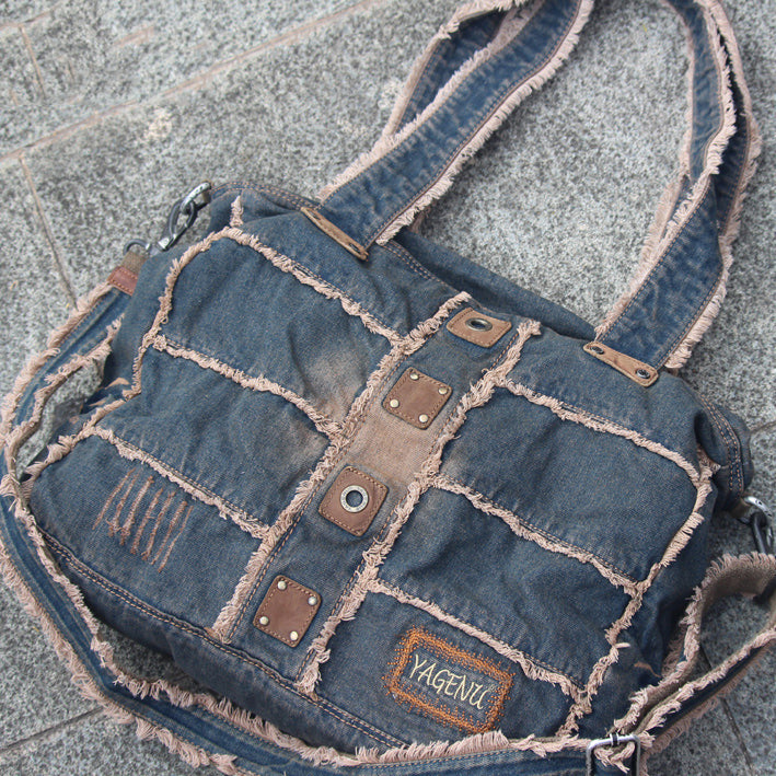Vintage Blue Denim Womens HandBags Courier Bag - Open View