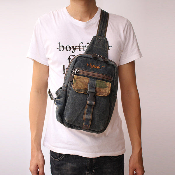 Vintage Blue Denim Mens Sling Bag Chest - Back View