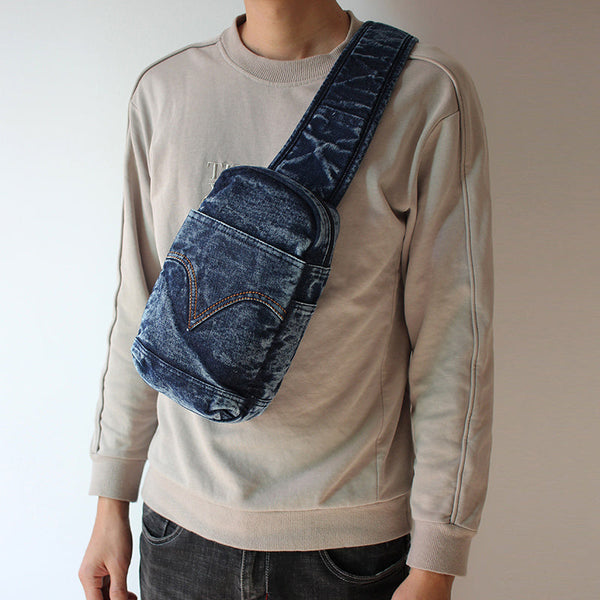 Blue Denim Mens Cool Sling Bag Chest - Back View