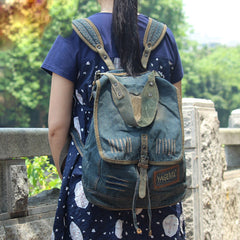 Vintage Blue Denim Womens Backpacks School Backpack With Stickers Vintage Denim Backpack For Women