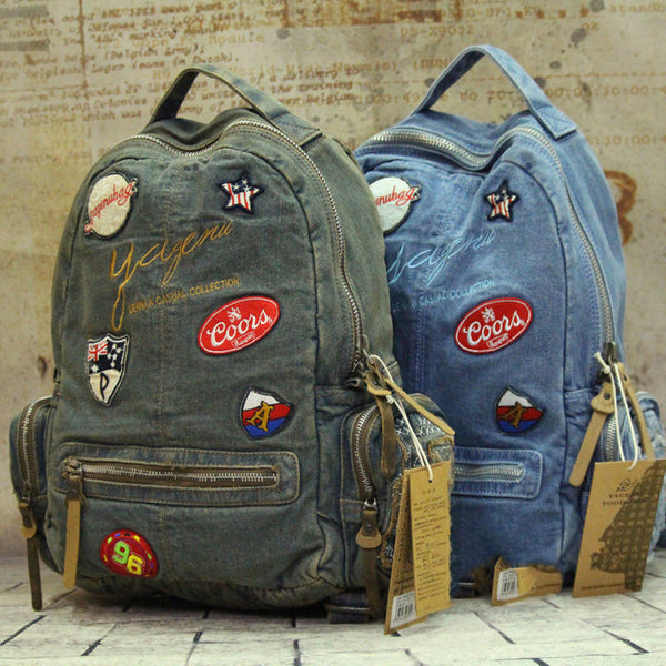 Vintage Blue Denim Womens Backpacks School Backpack - Back View
