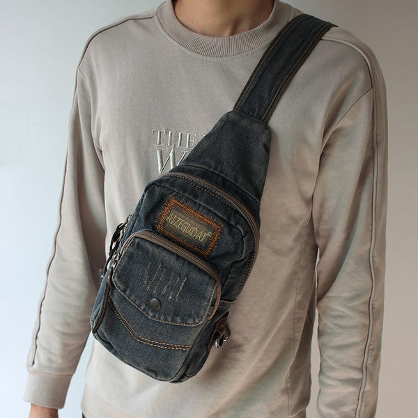 Vintage Blue Denim Mens Sling Bag Chest - Back View