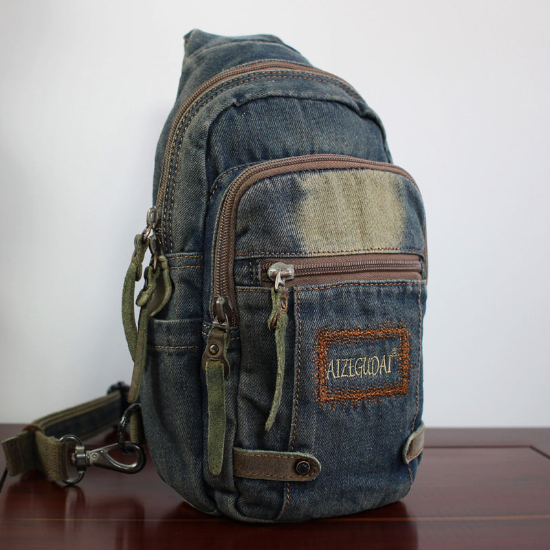 Cool Blue Denim Mens Sling Bag Chest - Back View
