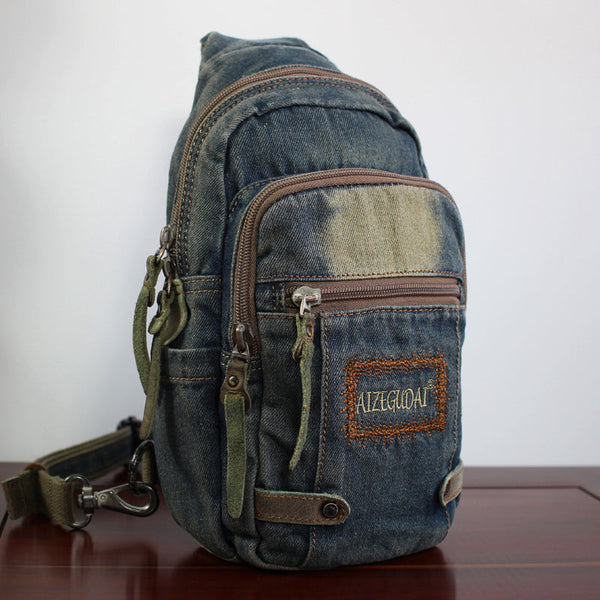Cool Blue Denim Mens Sling Bag Chest - Back View