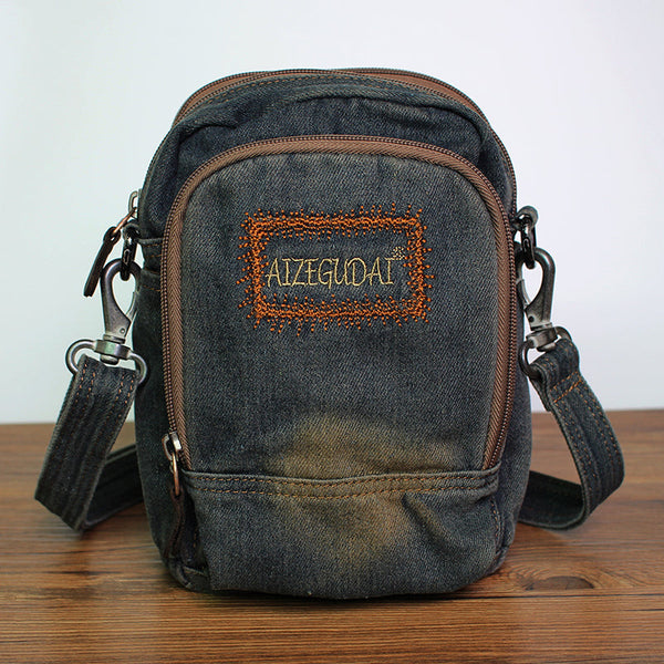 Blue Denim Mens Small Vertical Shoulder Bag - Back View