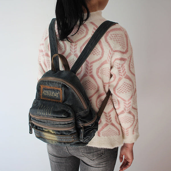 Denim Womens Backpack School Backpacks Blue Vintage - Back View