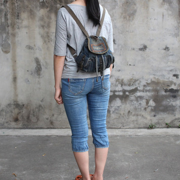 Vintage Denim Blue Womens Backpack School Backpacks - Back View