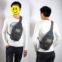 Cool Blue Denim Mens Sling Bag Chest - Side View