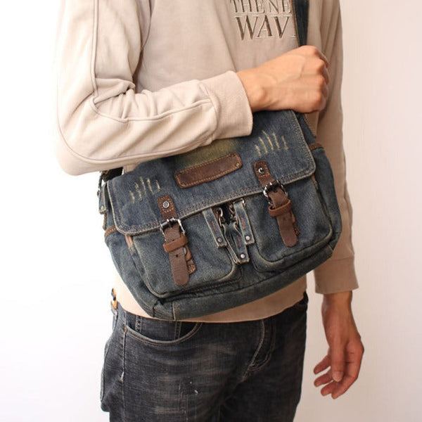 Blue Denim Mens Small Side Bag Denim - Back View