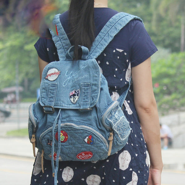 Denim Womens Backpack School Backpack With Stickers Vintage Denim Blue Backpack AIZZ01581060