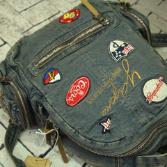 Vintage Blue Denim Womens Backpacks School Backpack With Stickers Vintage Denim Backpack For Women