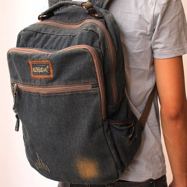 Vintage Denim Blue Mens Backpacks School Backpacks - Back View