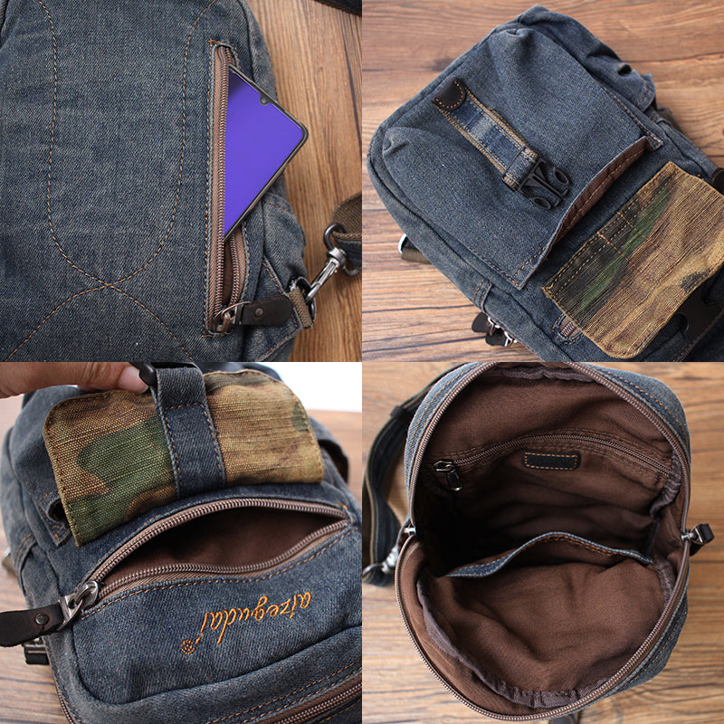 Vintage Blue Denim Mens Sling Bag Chest Bag Cool Blue Denim Sling Bag