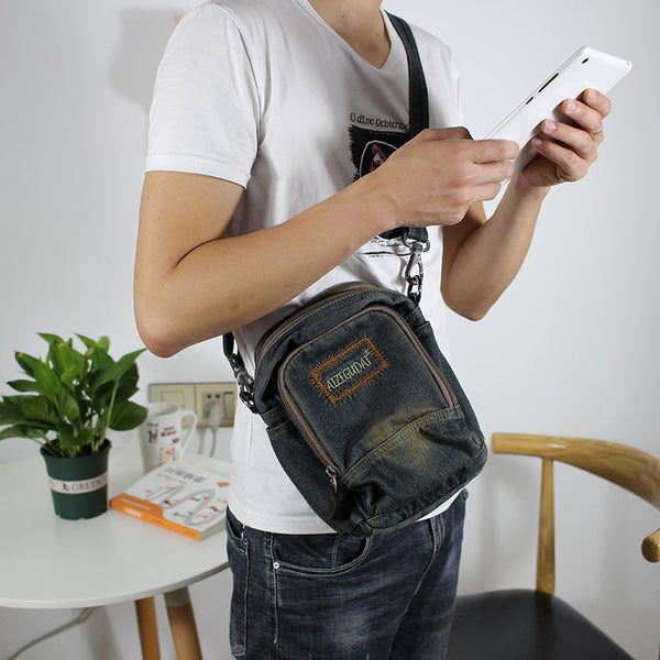 Blue Denim Mens Small Vertical Messenger Bag - Back View