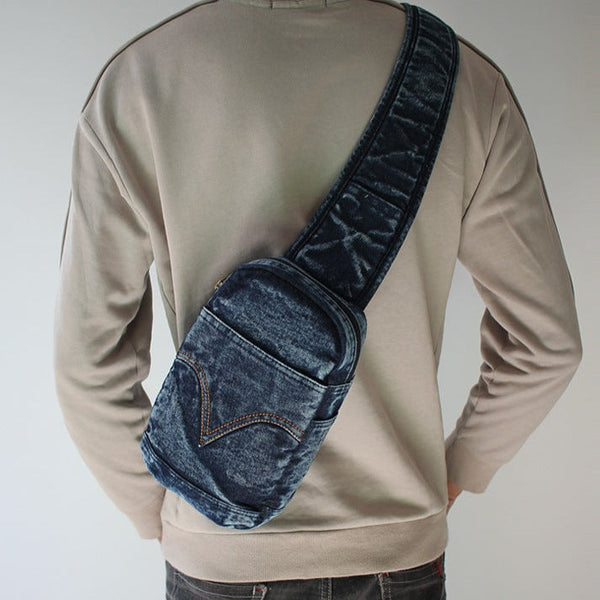 Blue Denim Mens Cool Sling Bag Chest - Back View